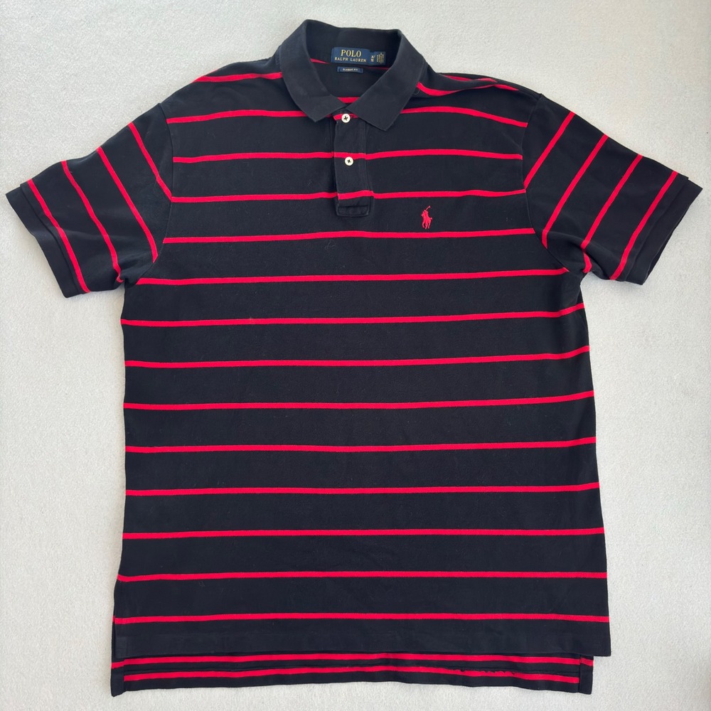 Polo Ralph Lauren Mens XL Classic Fit Striped Short Sleeve Polo Shirt Black Red